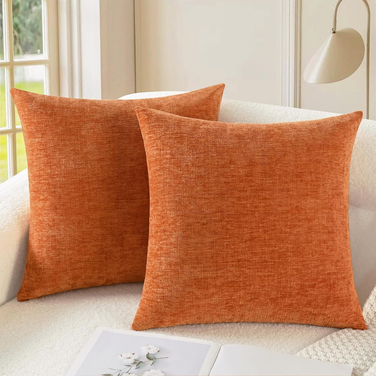 CaliTime Fall Throw Pillow Covers Decorative 26 X 26 Inches Pack of 2 Cozy Chenille Cushion Cases for Couch Sofa Bed Living Room Home Burnt Orange