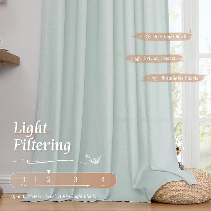 Linen Sheer Curtains 84 inch for Living Room, Light Blue, 2 Panels | Light - Image 4
