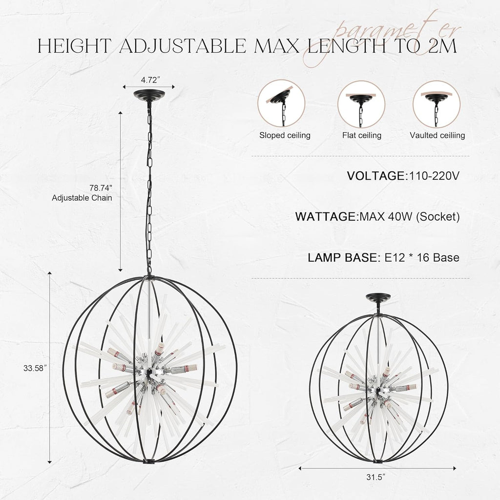 31.5" Black Chrome 16-Light Globe Sputnik Chandelier Modern Adjustable Hanging Ceiling Glass Tube Pendant Light Fixture for Entryway Foyer Stairway Dining Living Room Hallway