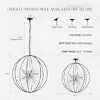 31.5" Black Chrome 16-Light Globe Sputnik Chandelier Modern Adjustable Hanging Ceiling Glass Tube Pendant Light Fixture for Entryway Foyer Stairway Dining Living Room Hallway