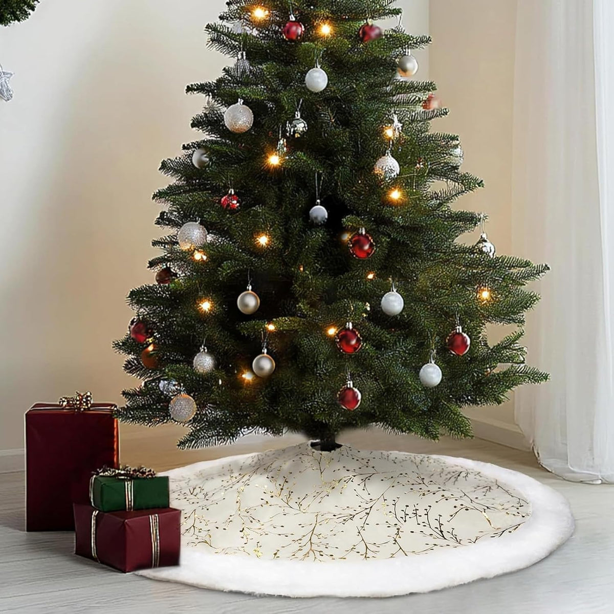 White-Gold Christmas Tree Skirt, White Faux Fur Plush Trim, Embellished with Golden Branches Pattern, Big Thick Velvet Xmas Tree Mat for Home Decoration, Gold Santa Skirt for Trees