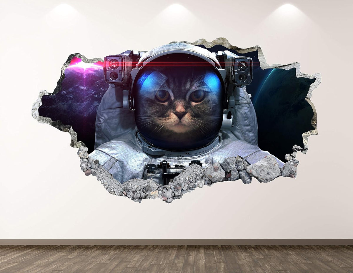Astronaut Cat Wall Decal Art Decor 3D Smashed Space Sticker Poster Kids Room Mural Custom Gift BL203 (70"W x 40"H)