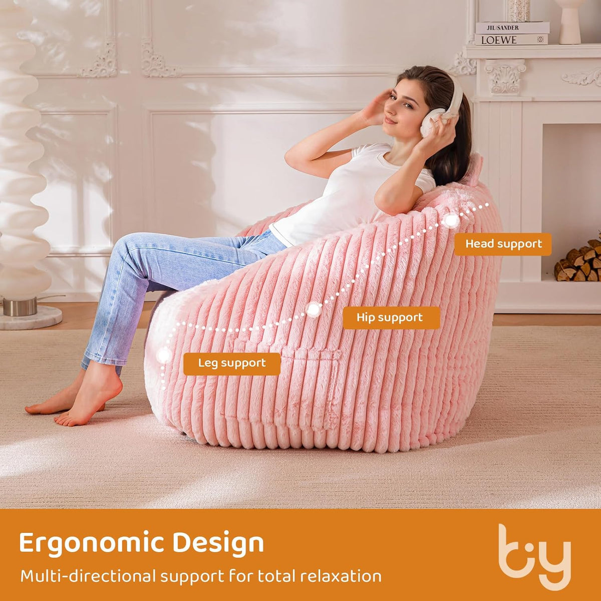BYBYME Giant Bean Bag Chair for Adults and Kids, Large Comfy Cozy Beanbag, Floor Sofa for Teens, Living Room, Gaming, Reading, Pink