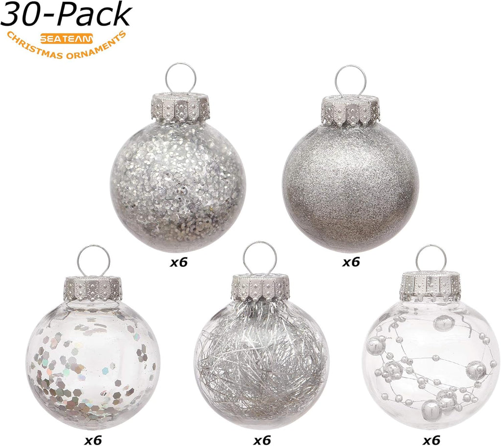 Sea Team 50mm/1.97" Shatterproof Clear Plastic Christmas Tree Ball Ornaments Set, Decorative Hanging Transparent Xmas Baubles with Stuffed Delicate Decorations (30 Counts, Silver)