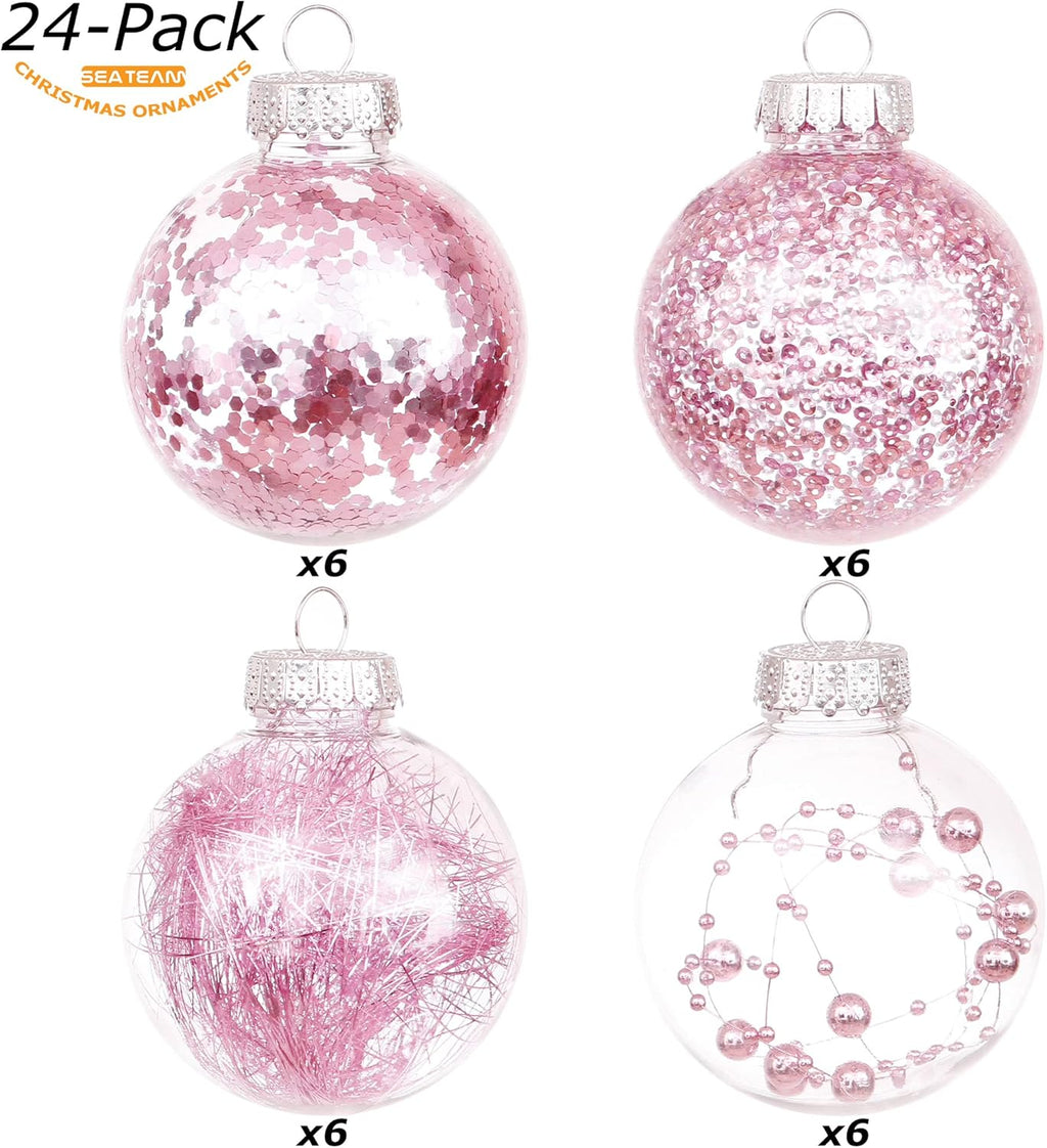 Sea Team Shatterproof Clear Plastic Christmas Ball Ornaments Decorative Xmas Balls Baubles Set with Stuffed Delicate Decorations (70mm/2.76 inch 24-Pack, Pink)
