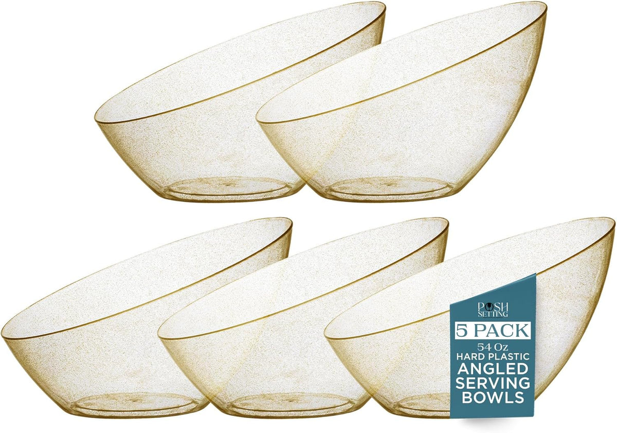 Posh Setting - Gold Plastic Serving Bowls for Party - Angled, Disposable, Chip & Candy Bowls - 54 OZ, 5 Pack