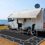 GENIMO 9' x 18' Outdoor Rug Waterproof for Patio, Foldable Reversible Plastic Straw Area Rugs Mat for Rv Decor, Outside Carpet for Camper, Deck, Picnic, Beach, Balcony, Porch, Black & Grey