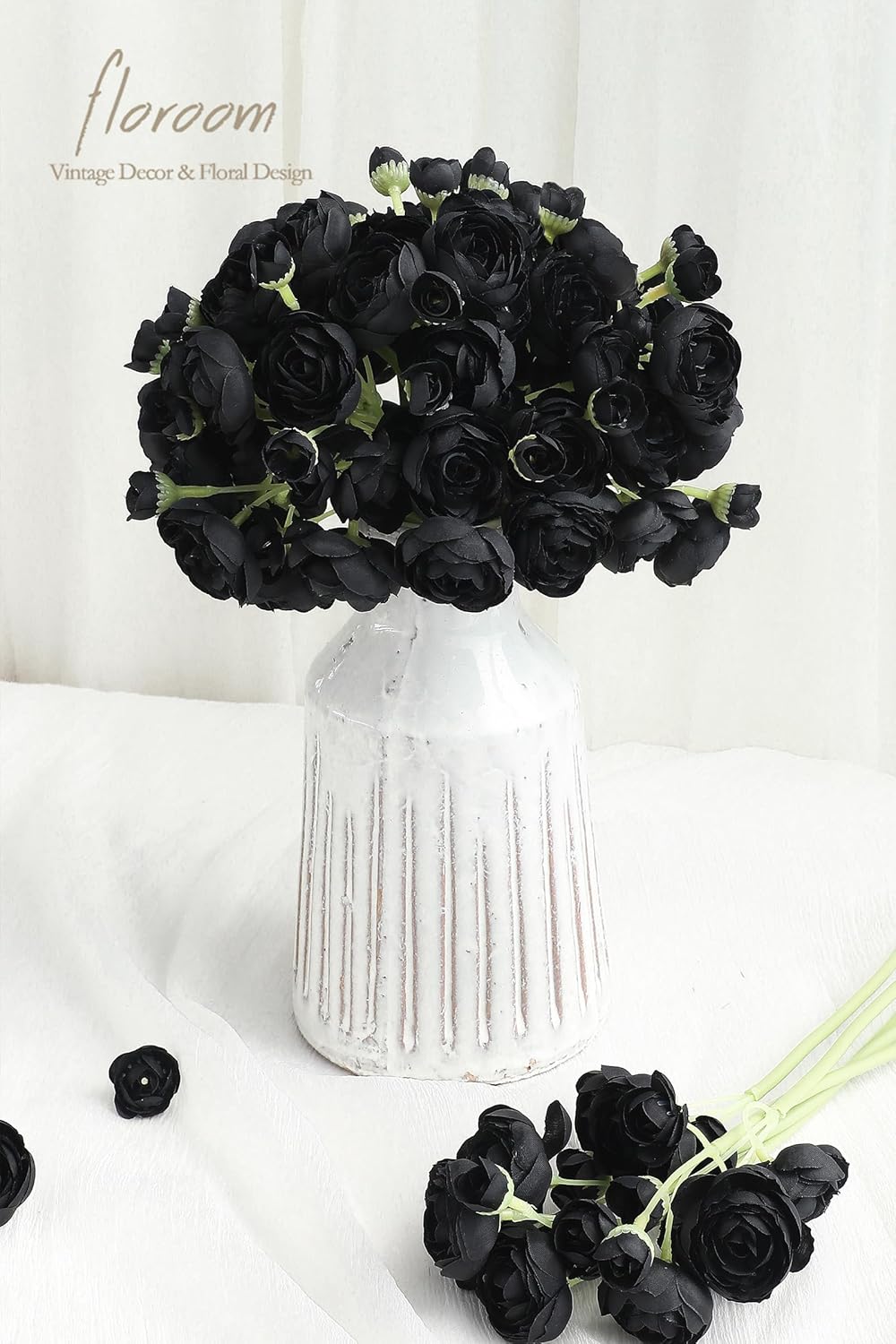 Floroom Ranunculus Artificial Flowers 18 Pcs Black Faux Silk Mini Ranunculus Bulk Fake Wedding Filler Flowers for DIY Bouquets, Centerpieces, Bridal Shower Decorations & Arrangements