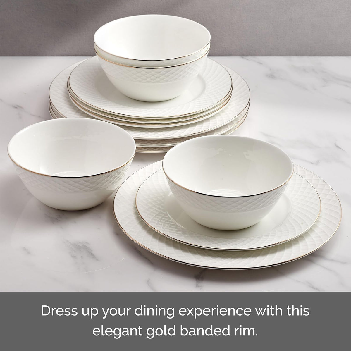 Mikasa Trellis Gold Rim Bone China Lightweight Chip Resistant 12 Piece Dinnerware Set, Service for 4