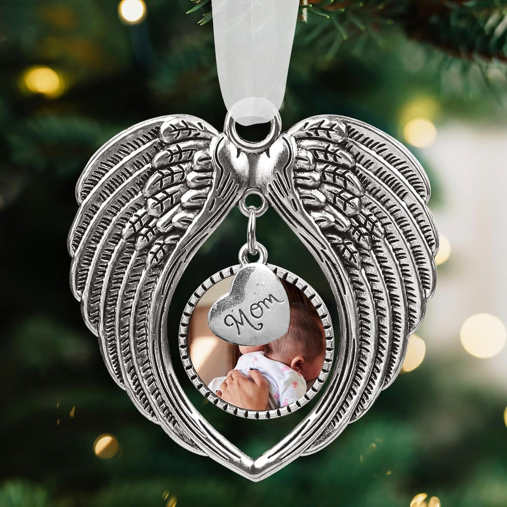 Christmas Ornaments Angel Wings with Custom Photo Frame for Loss of Loved One Remembrance Keepsake with Silk Ribbon & Red Gift Box