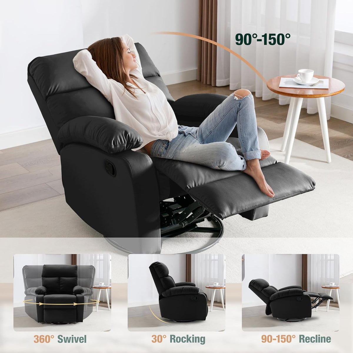 Swivel Rocker Recliner, Rocking Recliners Chair for Small Spaces, Small Rocker Recliner Chair, Nursery Rocking Chairs for Living Room, RV, Nursery, Black
