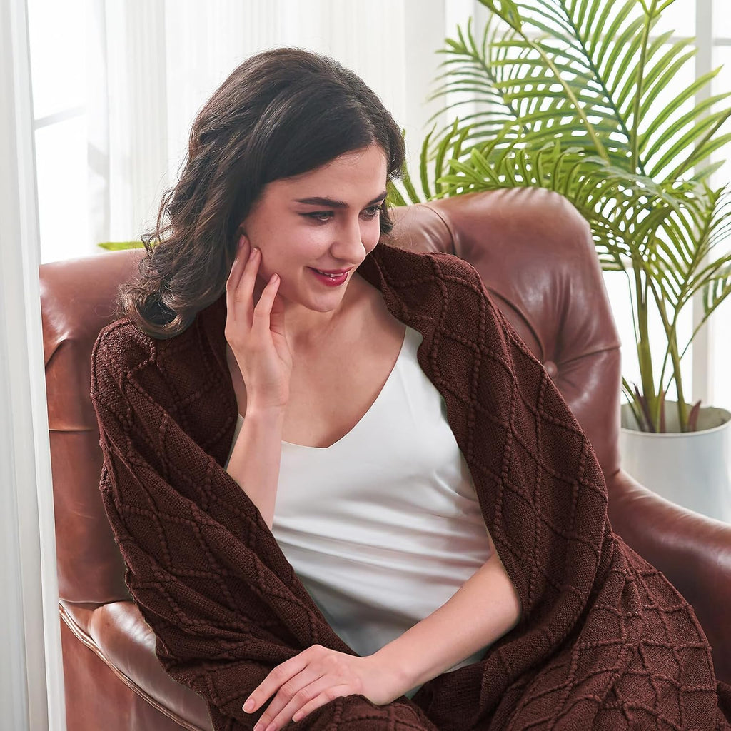 inhand Knitted Throw Blankets for Couch and Bed, Soft Cozy Knit Blanket with Tassel, Diamond Brown Lightweight Decorative Blankets and Throws, Farmhouse Warm Woven Blanket for Men and Women, 60"x80"