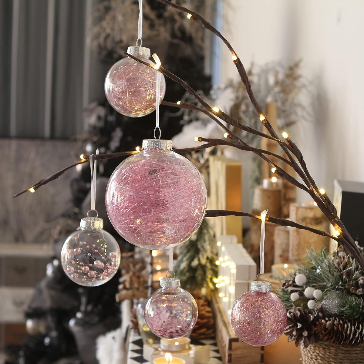 Sea Team Shatterproof Clear Plastic Christmas Ball Ornaments Decorative Xmas Balls Baubles Set with Stuffed Delicate Decorations (70mm/2.76 inch 24-Pack, Pink)