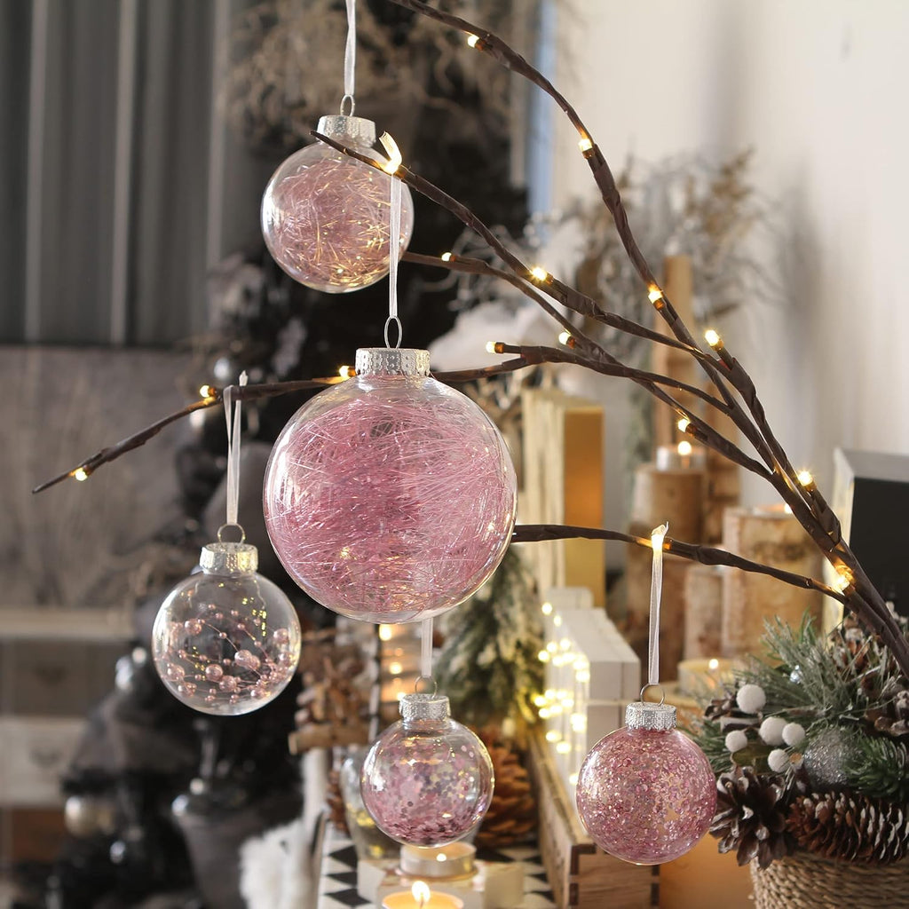 Sea Team Christmas Baubles Set of 48 Shatterproof Clear Plastic Christmas Baubles Multi-Size Decorative Baubles with Stuffed Delicate Decorations (48 Pieces, Pink)