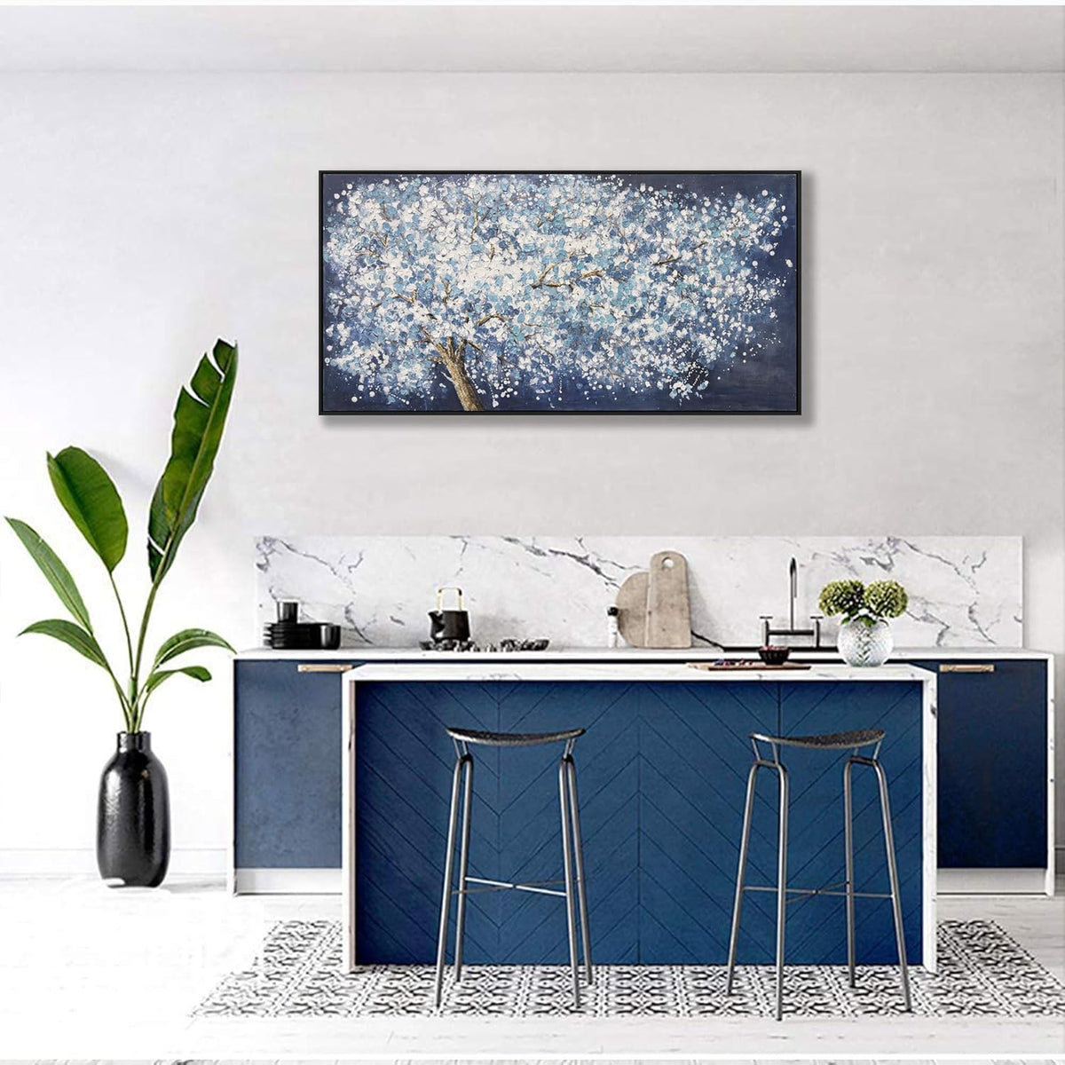 Canvas Wall Art Wall Decor Bedroom Pictures Wall Decoration Dark Blue And White Abstract Tree Plants Artwork Abstract Wall Art Large Size Modern Painting Framed Pictures For Living Room Home Kitchen Office 29"X58"