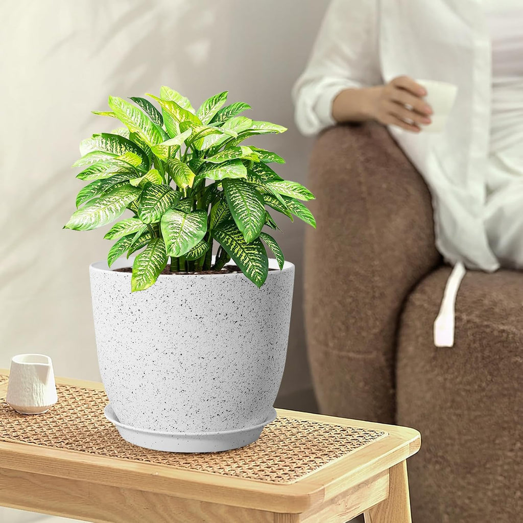Large Flower Pots 12/10/9 inch, Set of 3 Modern Decorative Plastic Planters with Drainage Holes and Saucers for Garden House Plants, Plant Pots for Indoor Outdoor Plants, Speckled White