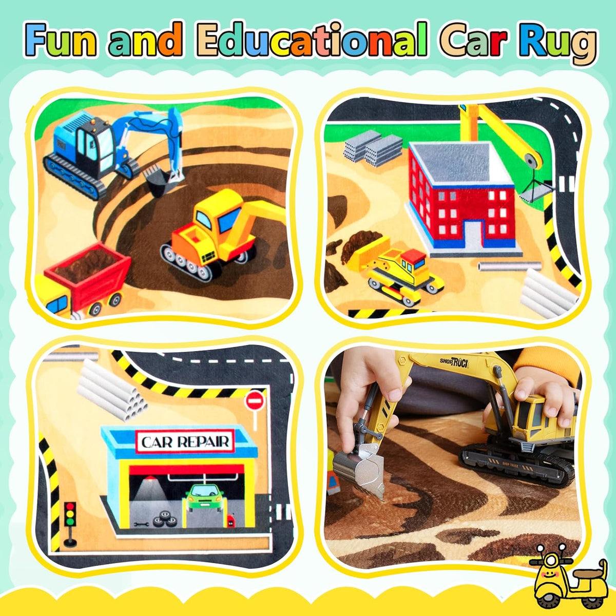 Kids 5x7 Ft Construction Site Play Rug, Baby Play Mat, Tufted Wool & Rubber, Non-Slip, Stain & Fade Resistant, Machine Washable, Rustic Cartoon Construction Site Pattern