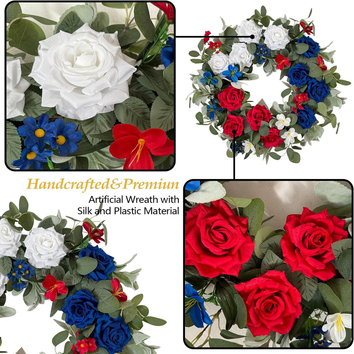 WANNA-CUL Patriotic Wreath Decorations, 24 Inch Rose 4th of July Wreaths for Front Door, Red White Blue Spring Door Wreath for Independence Day, Memorial Day for Indoor Outdoor Decor