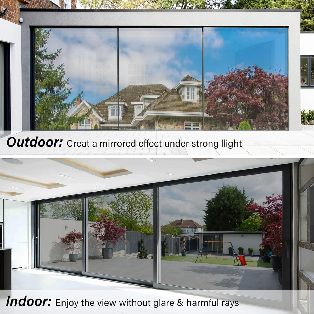 Kromapolis One Way Window Privacy Film Reflective Mirror Home Window Tint, Daytime Privacy Heat Control Anti UV Glass Tinting Static Cling (Silver, 35.4 x 314.9 inch)