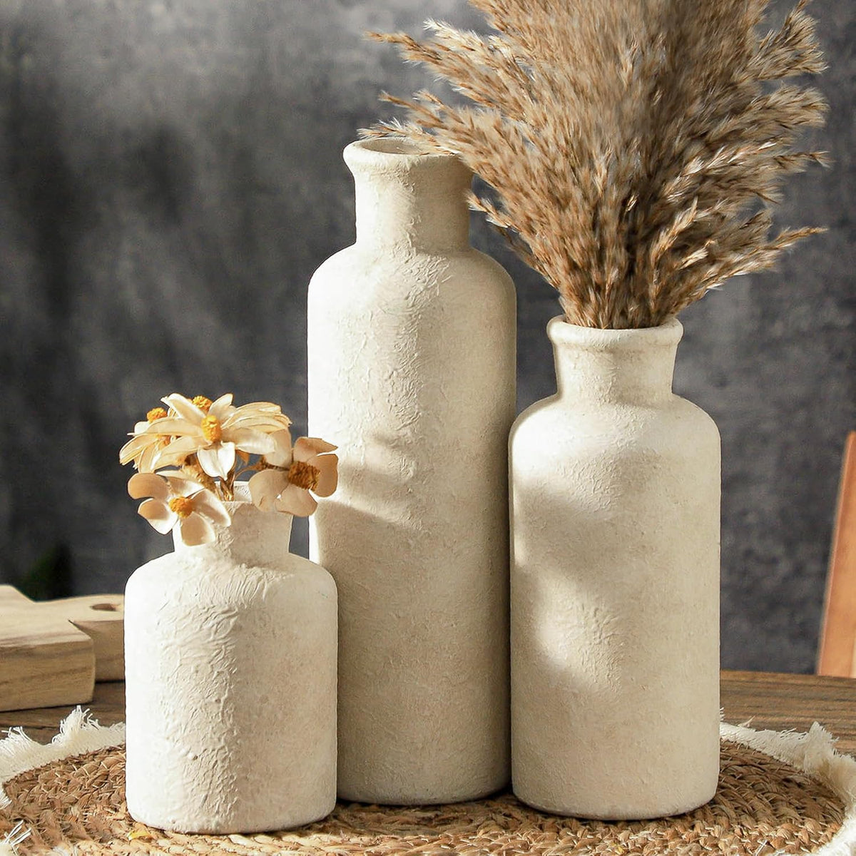 Ceramic Vases Set of 3, Whitewashed Neutral Flower Vases Home Decor, Pottery Rustic Farmhouse Decorative Vases Modern Decor for Table Mantel Entryway Bookshelf Living Room Kitchen Bedroom