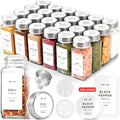 Glass Spice Jars with Label and Stainless Steel Lids (24 x 4oz) Spice Containers with 240 Labels, Shaker Inserts, Steel Funnel, Empty Square Empty Square Seasoning Organizer (White)