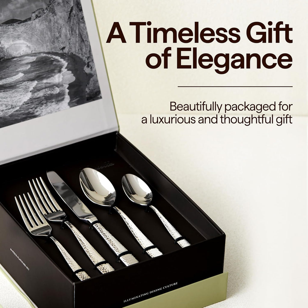 Luciella Ponza Flatware Set for 8, 45-Piece Stainless Steel Silverware Set with Serving Utensils, Timeless Hammered Design, Rust-Resistant, Mirror Polished & Dishwasher Safe