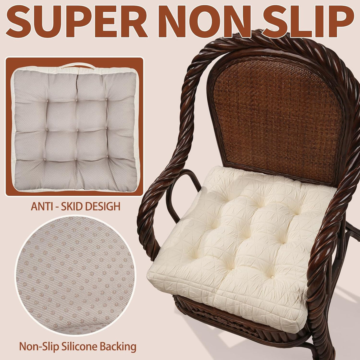 Large Chair Cushions with Handle, 20"x 20" Bite-Size Memory Foam Seat Cushions for Wicker Chair, Patio Non-Slip Rattan Chair Pads, Square Floor Cushion, Beige