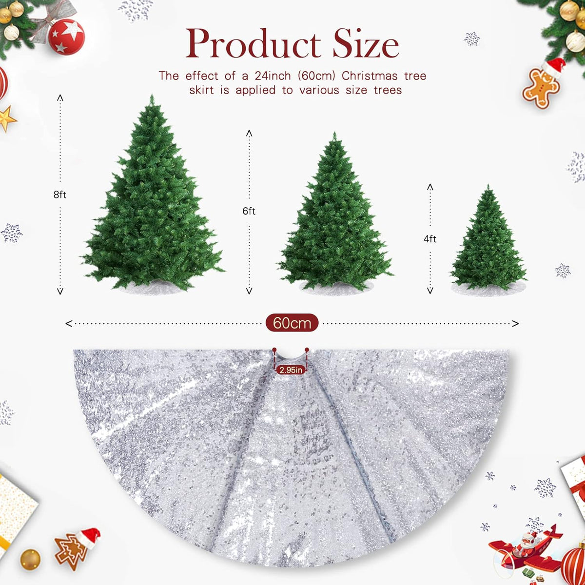 Small Christmas Tree Skirt 24 Inch Silver Tree Skirt Sequin Tree Skirt for Silver Christmas Decorations