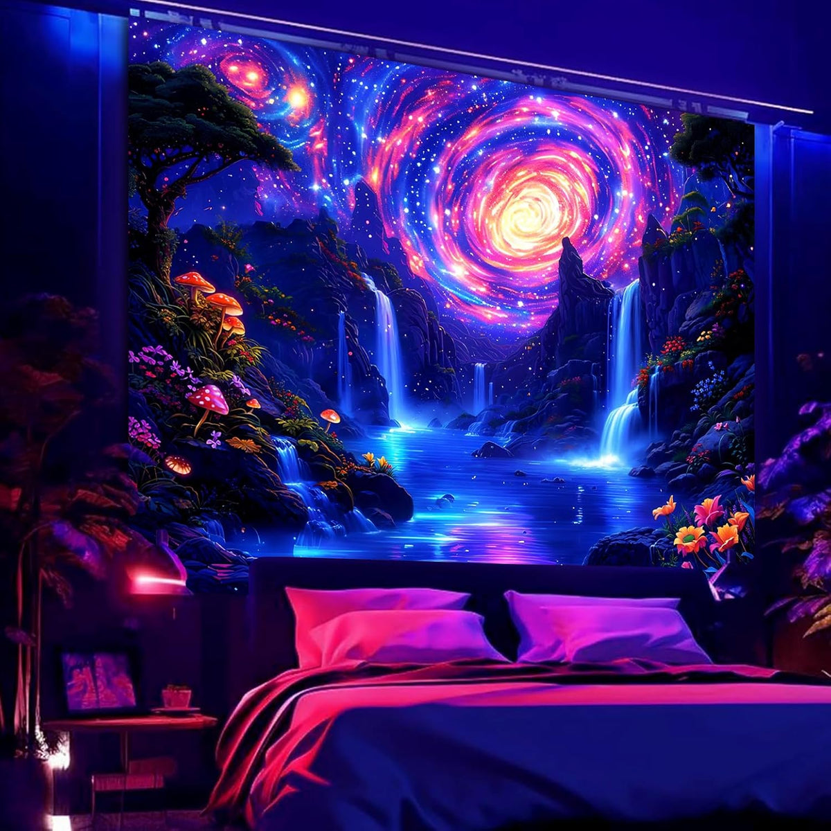 Manicer Blacklight Galaxy Waterfall Neon Tapestry – UV Reactive Glowing Cosmic Spiral Sky Glow in the Dark Nature Fantasy Landscape Wall Art for Bedroom – 51.2" x 59.1"