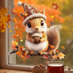 Fall Window Clings for Glass Thanksgiving Static Cling Window Decals 1PCS Cute Squirrel Maple Leaves Autumn Reusable Window Stickers Home School Office Decorations