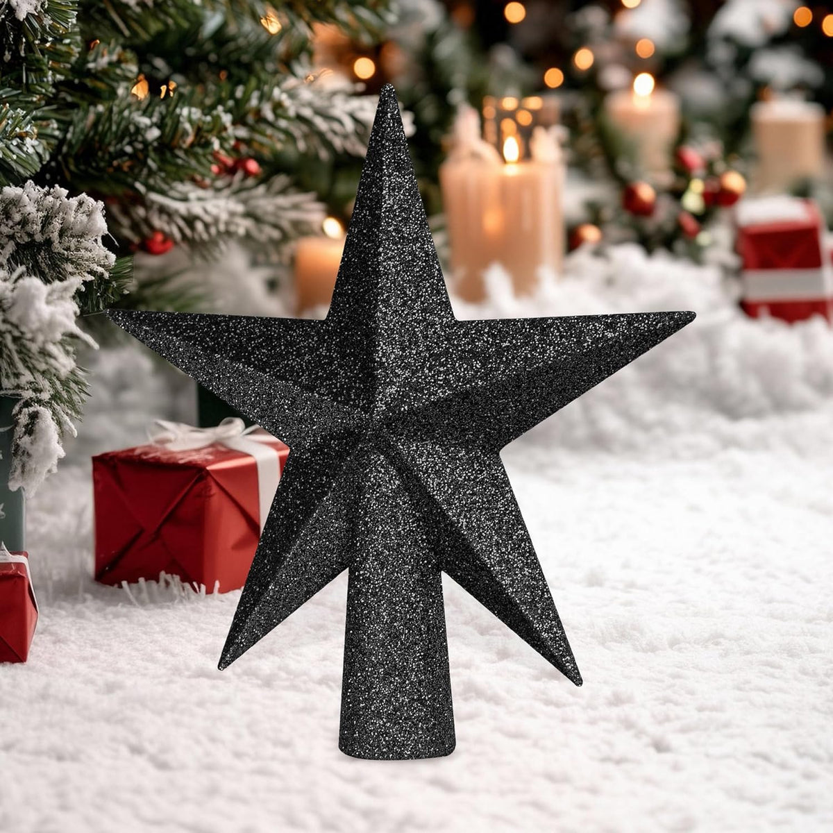 Tree Topper Star, 6" Black Christmas Tree Topper Accessories, Xmas Glitter 3D Bethlehem Star Tree Topper Ornament, Waterproof Holiday Christmas Tree Topper Decor for Home Indoor Outdoor