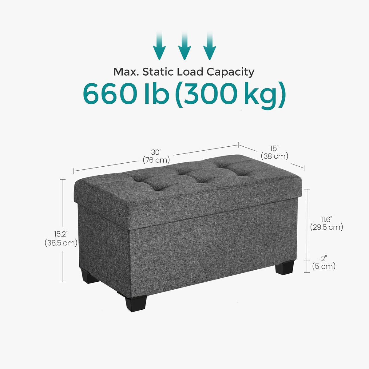 SONGMICS Storage Ottoman Bench, Foldable Foot Rest with Legs, 15 x 30 x 15.2 Inches, End of Bed Bench, Storage Chest, Load up to 660 lb, for Living Room, Bedroom, Entryway, Slate Gray ULSF16GYZ