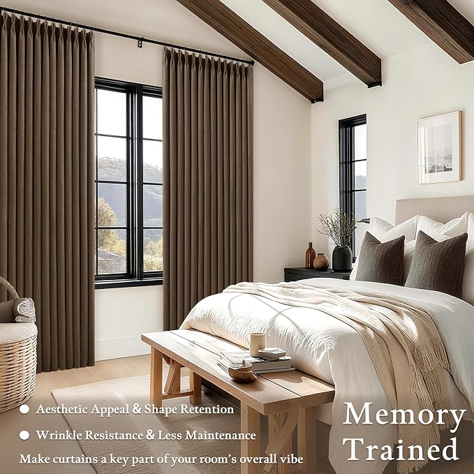 86 Inch Brown Pleated Linen Black Out Memory Trained Curtains - Image 4