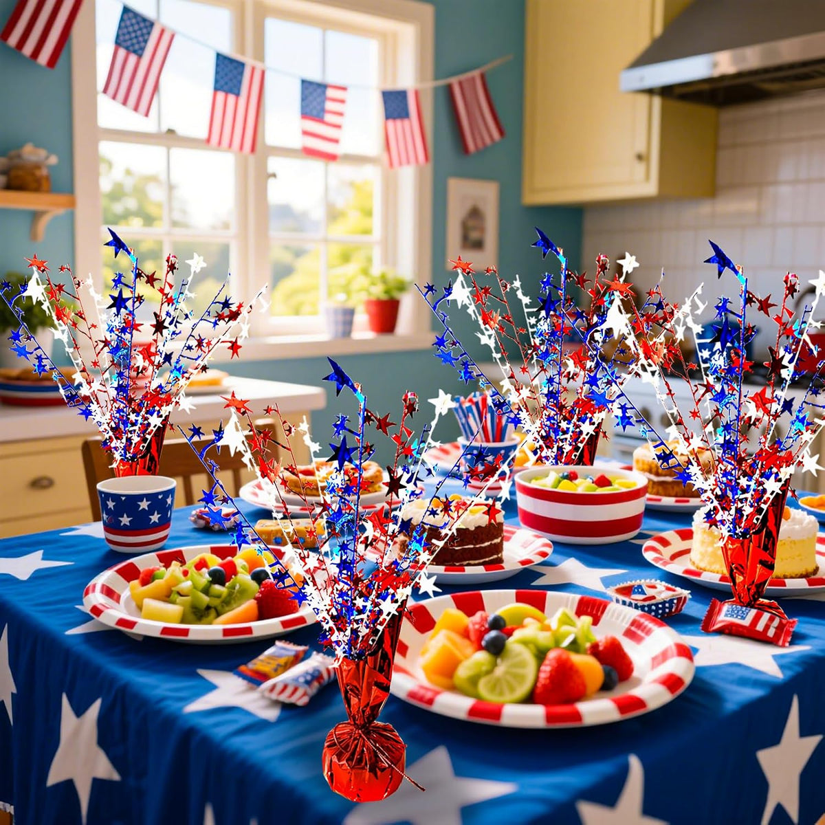 6 Pack 4th of July Table Centerpiece Decoration Metallic Foil Spray Star Burst Patriotic Decoration Independence Day Labor Day Veteran Day Memorial Day Party Supplies, Red White and Blue