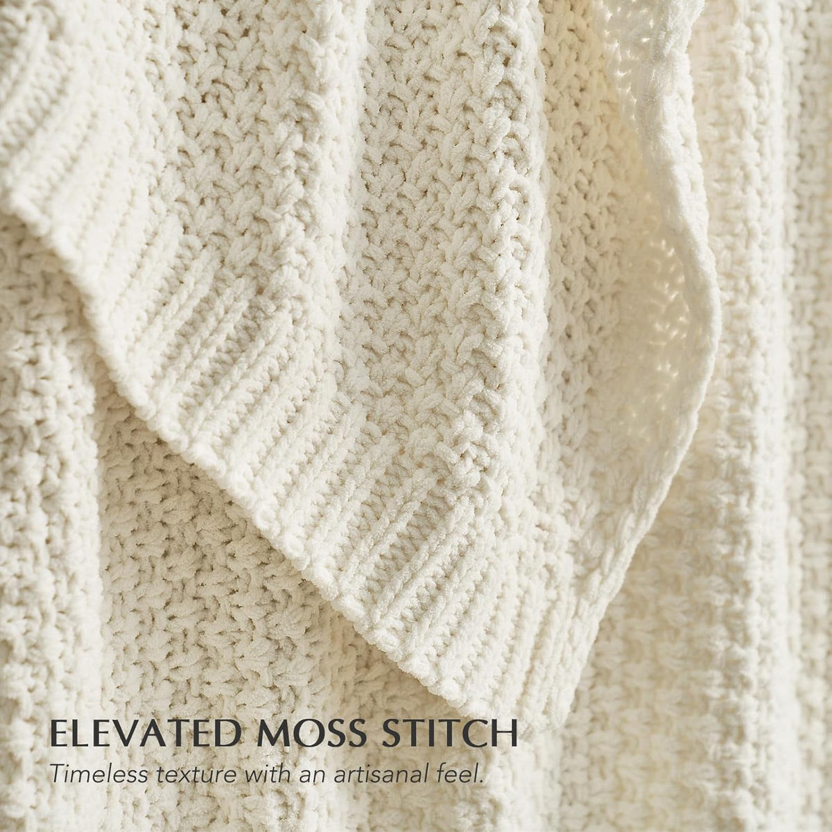 Chunky Chenille Knit Throw Blanket for Couch, Soft Luxurious Moss Stitch Blankets for Bed, Cozy Decorative Farmhouse Knitted Throws for Sofa, Ivory White, 60" x 80"