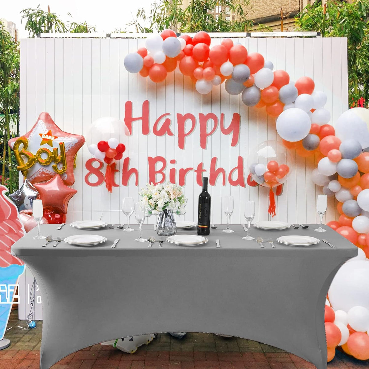 SuperO 2Pack Waterproof Spandex Table Cover for 8FT Table Universal Fitted Stretch Tablecloth for Party, Banquet, Wedding and Events-Gray