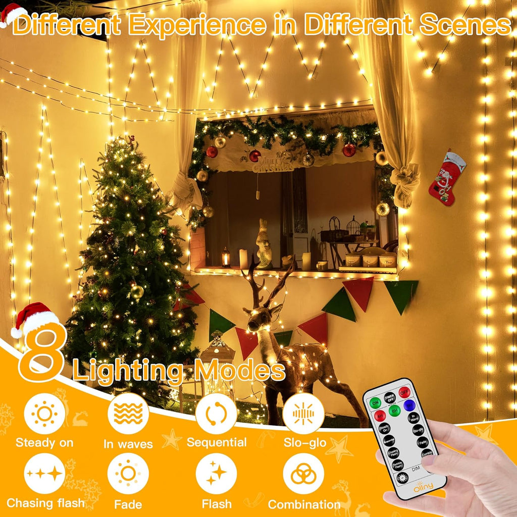Ollny Christmas Lights 800 LED 262 FT Plug in, IP67 Waterproof Green Wire Outdoor Christmas Lights with Remote, 8 Modes and Timer Outdoor String Light for House Indoor Xmas Decorations (Warm White)
