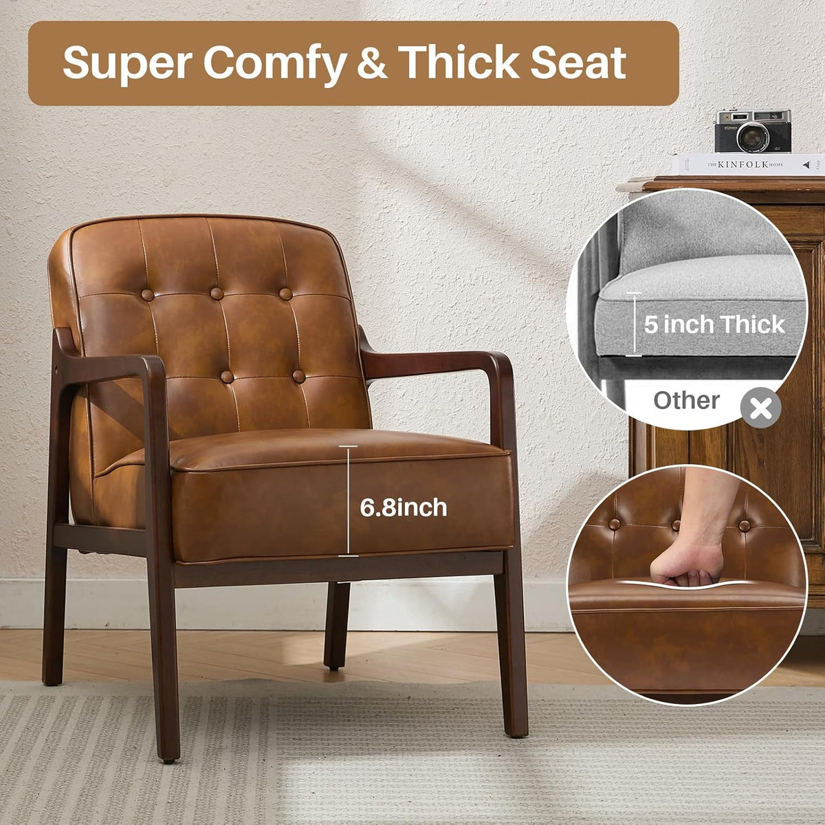 Faux Leather Accent Chair, Mid Century Modern Chair for Living Room, Upholstered Comfy Lounge Armchair with Solid Wood Frame, Reading Side Chair for Bedroom,105°Ergonomic Comfort, Brown