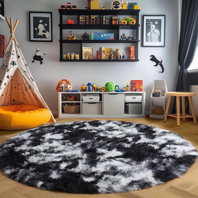 Amdrebio Black White Grey Plush Round Area Rug 6Ft - Image 8