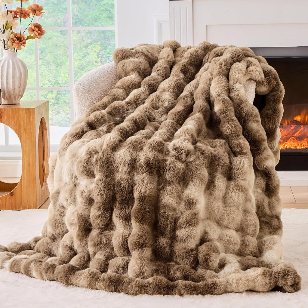BENVWE Fluffy Faux Fur Throw Blanket for Couch - Soft, Plush, Thick, Cozy, Fuzzy Luxury Minky Bubble Blanket for Home Living Room Decor, Gifts for Women, Tie-dye Brown, 51" x 63", 1100GSM