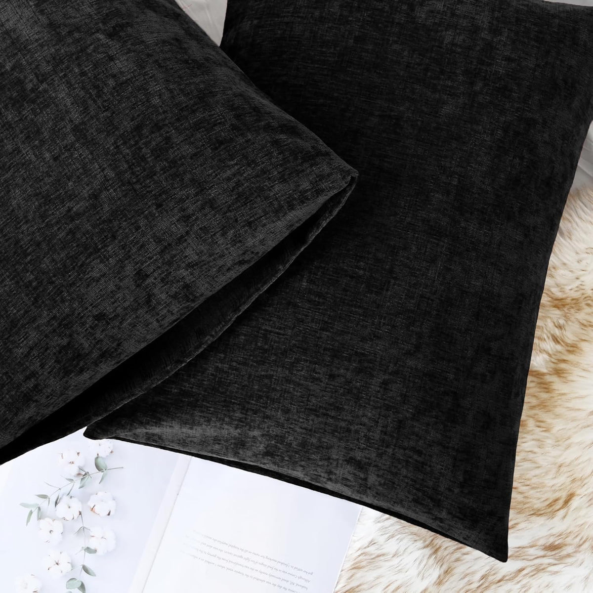 CaliTime Throw Pillow Covers Decorative 20 X 26 Inches Pack of 2 Cozy Chenille Standard Pillow Shams Cases for Couch Sofa Bed Living Room Home Black