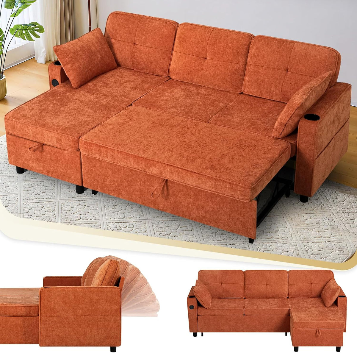 84 Inches Chenille Sectional Sofa w/Pull-Out Sofa Bed & Adjustable Back, Tufted L-Shaped Couch w/Storage Chaise, Sleeper Sectional Sofa w/USB Port & Cup Holders for Living Room, Orange