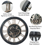 DORBOKER 24" Large Wall Clock with Moving Gears,Oversize Vintage Industrial Rustic Farmhouse Clocks for Living Room Decor Office Home,Solid Wood HD Tempered Glass Cover,Vintage Black