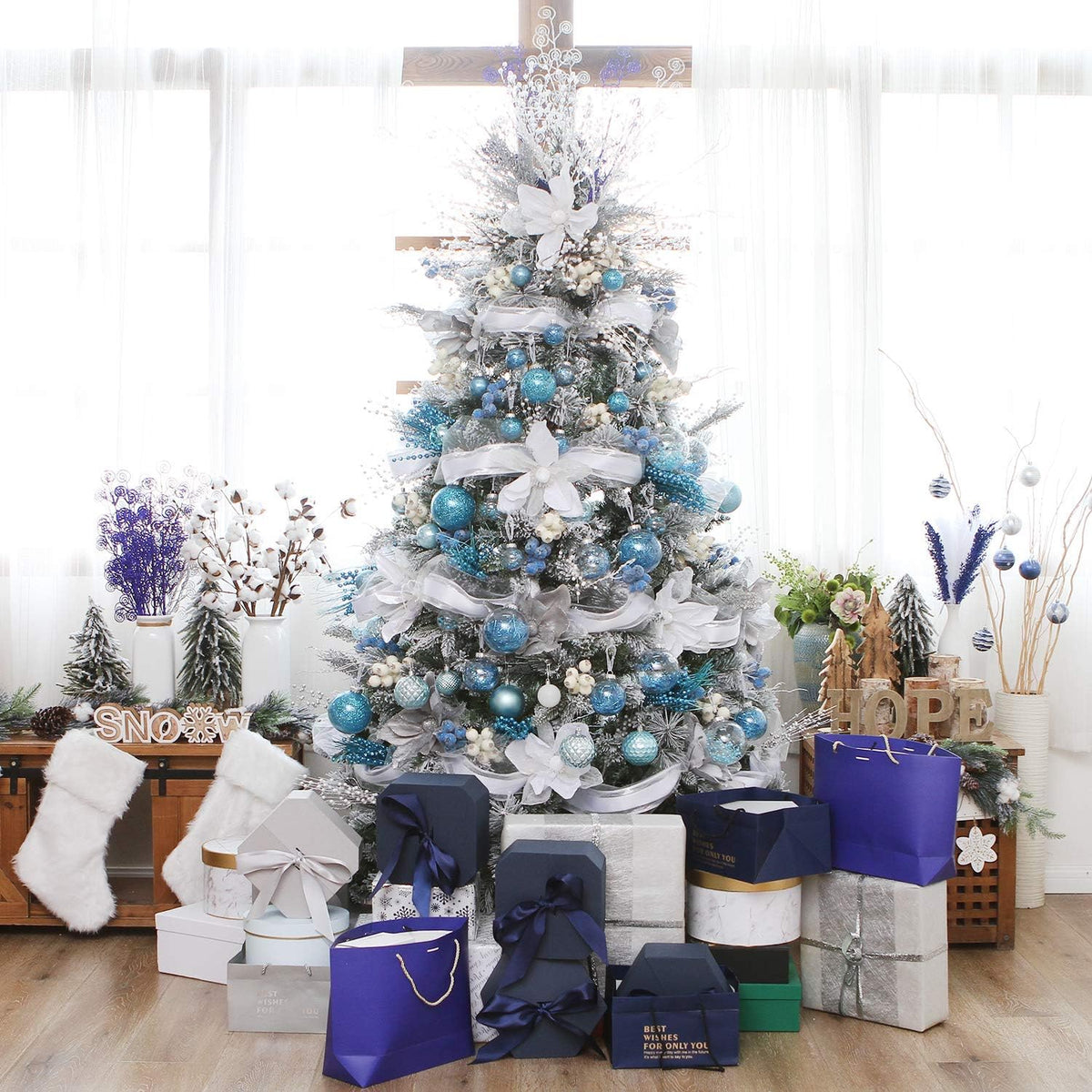Sea Team Shatterproof Clear Plastic Christmas Ball Ornaments Decorative Xmas Balls Baubles Set with Stuffed Delicate Decorations (50mm/1.97"/30-Pack, Babyblue)