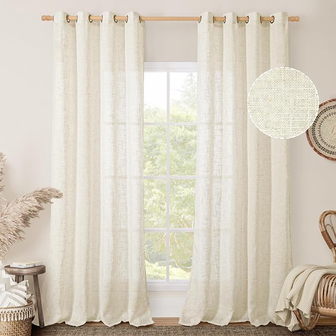 Linen Sheer Curtains 96 inches Long 2 Panel Set, Light Filtering Neutral Living by LAMIT