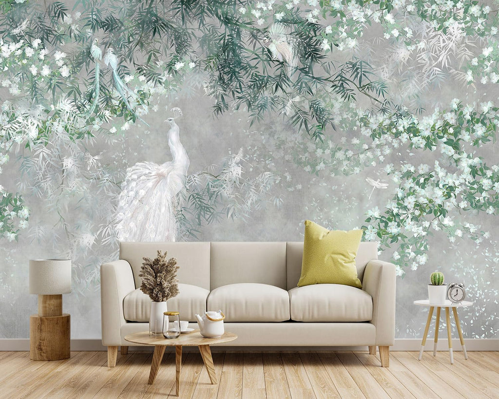 -Green Leaf Botanical Peacock Fabric Wallpaper Wallpaper Living Room Bedroom Bathroom Grey Plant Large Wall Mural- 137"x96"（ not Peel and Stick）