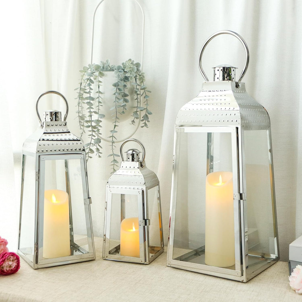 TRIROCKS Set of 3 Stainless Steel Candle Lanterns 20.5''&16''&12''H Decorative Candle Holders with Tempered Glass for Indoor Outdoor Porch Parities and Wedding(Silver)
