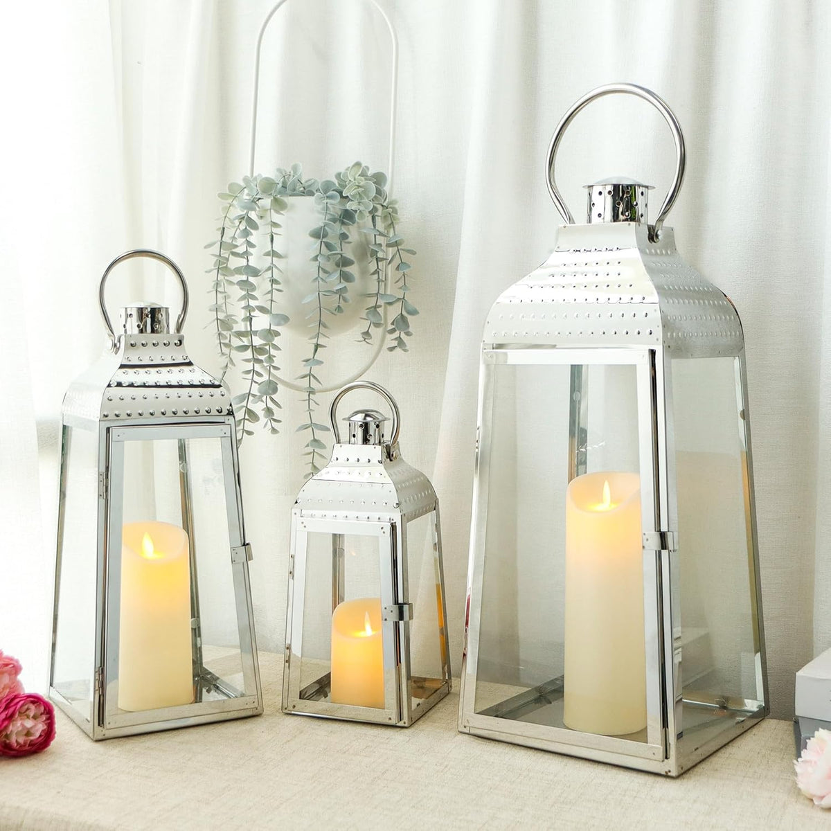 TRIROCKS Set of 3 Stainless Steel Candle Lanterns 20.5''&16''&12''H Decorative Candle Holders with Tempered Glass for Indoor Outdoor Porch Parities and Wedding(Silver)