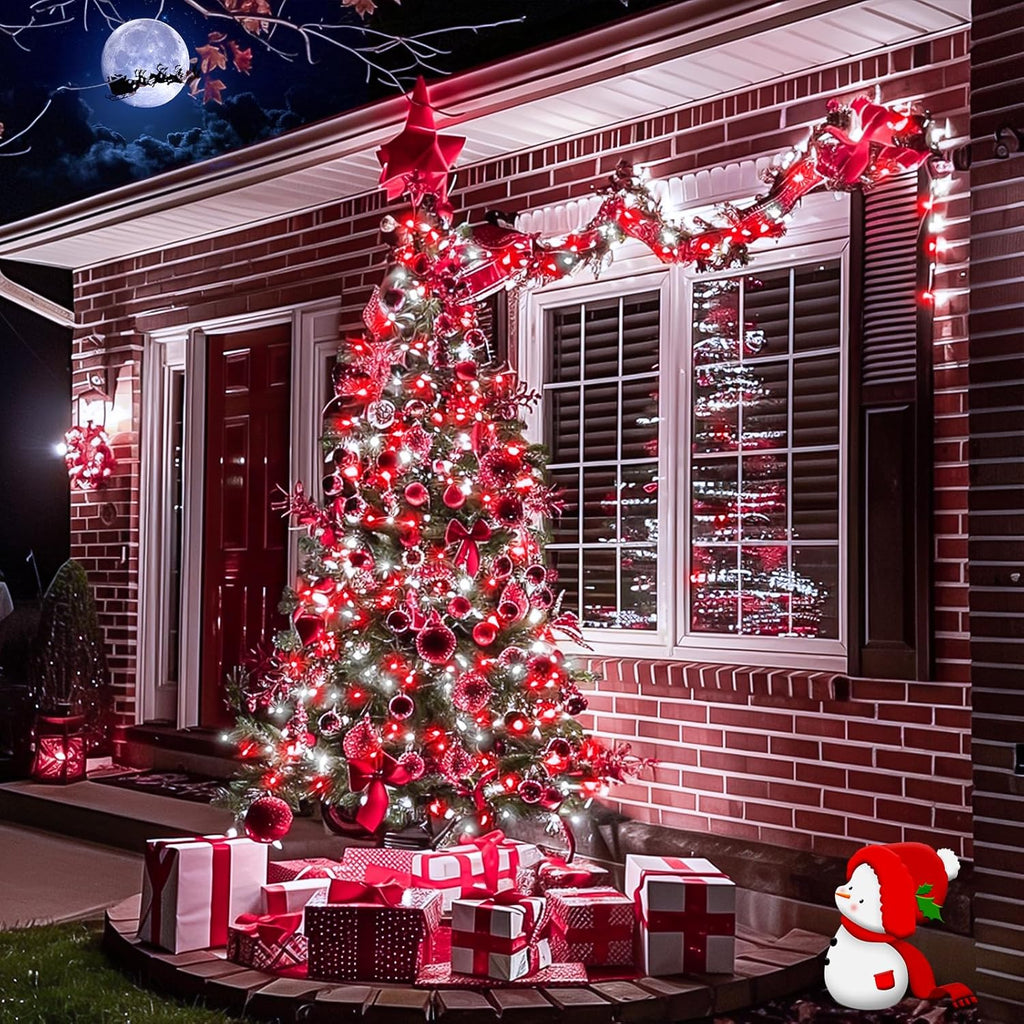 JMEXSUSS 2 Pack Red and White Solar Christmas Lights, Each 33FT 100 LED Solar String Lights Outdoor, Waterproof Solar Fairy Lights for Outside Christmas Decorations