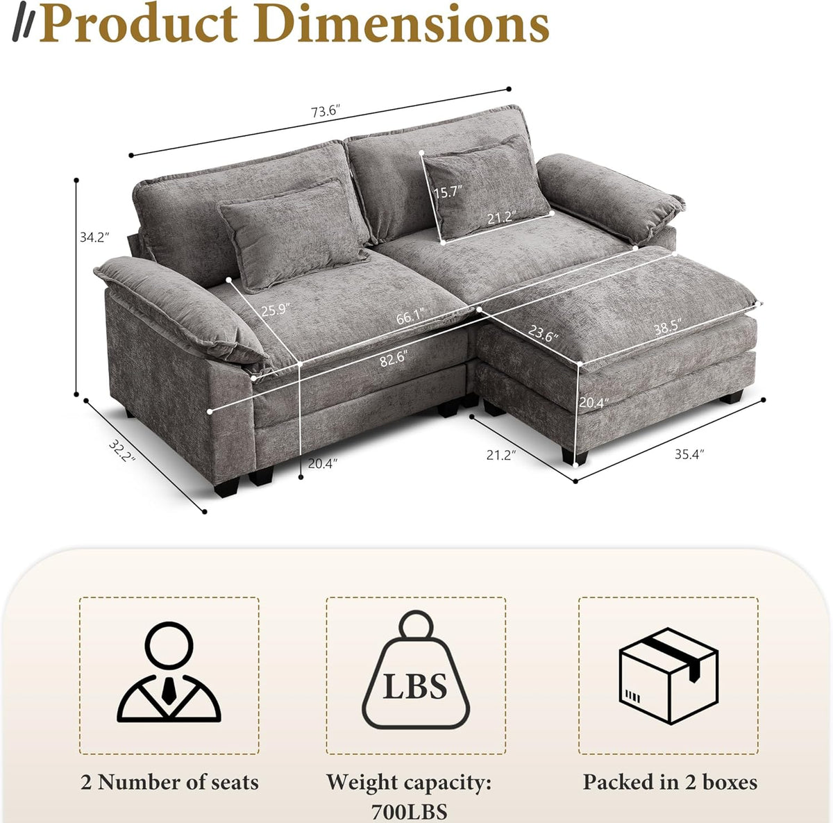URRED Modular Sectional Sofa Comfy Cloud Couch, Modern Chenille Sofa Sleeper Deep Seat Couches with Ottoman/Pillows for Living Room (Gray, 82.6''- L Shape)